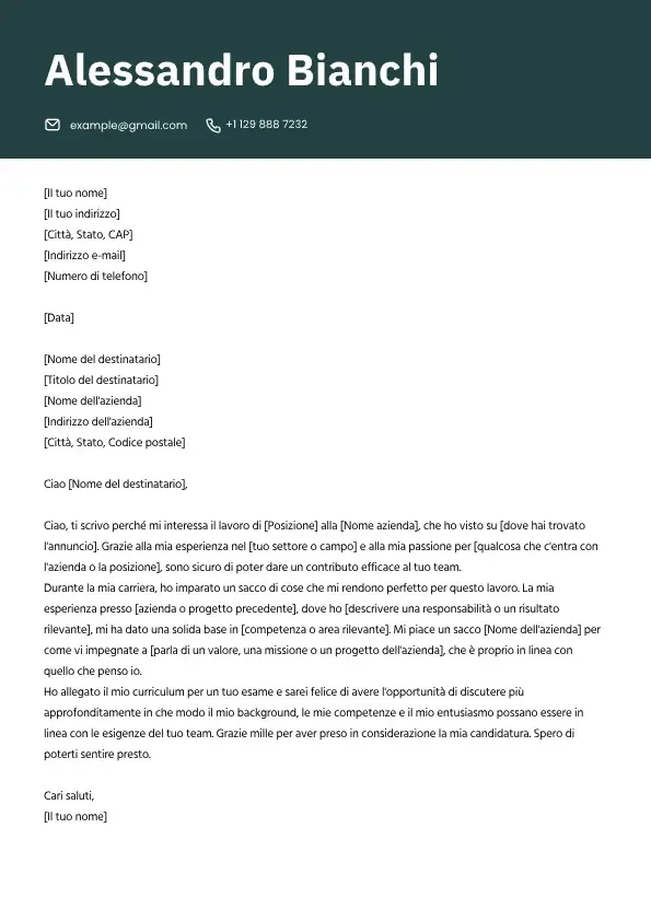 Modello di lettera di presentazione professionale per candidatura