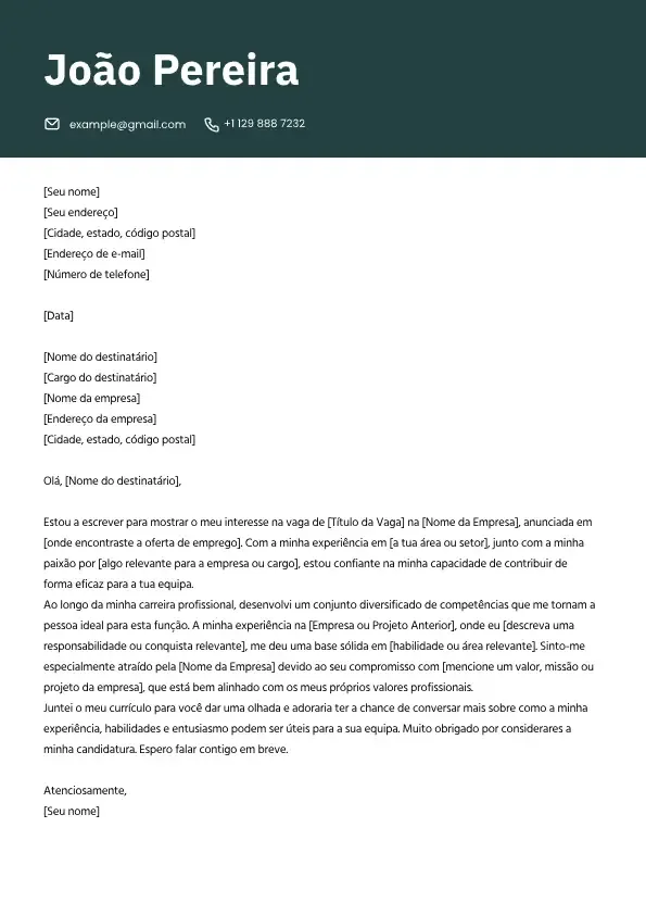 Modelo de carta de apresentação profissional para candidatura