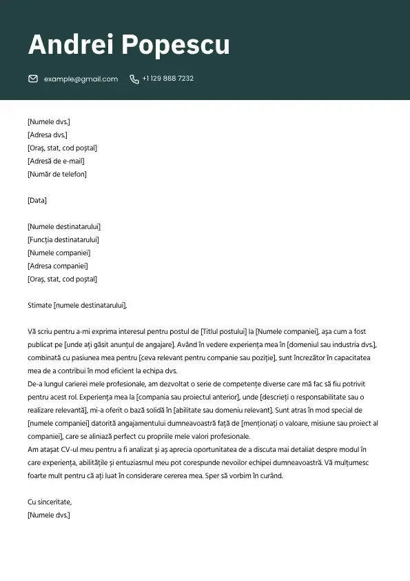 Șablon profesional de scrisoare de intenție pentru angajare
