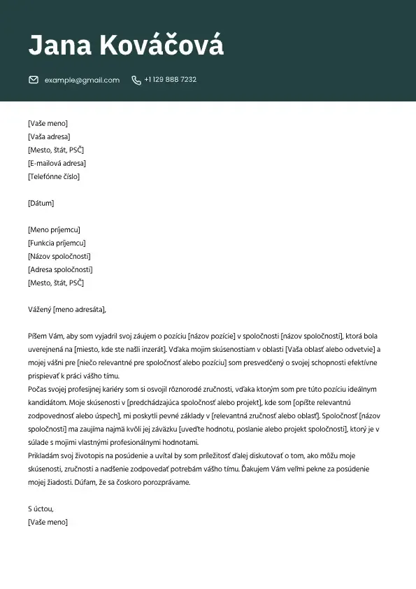 Profesionálna šablóna motivačného listu k žiadosti o prácu