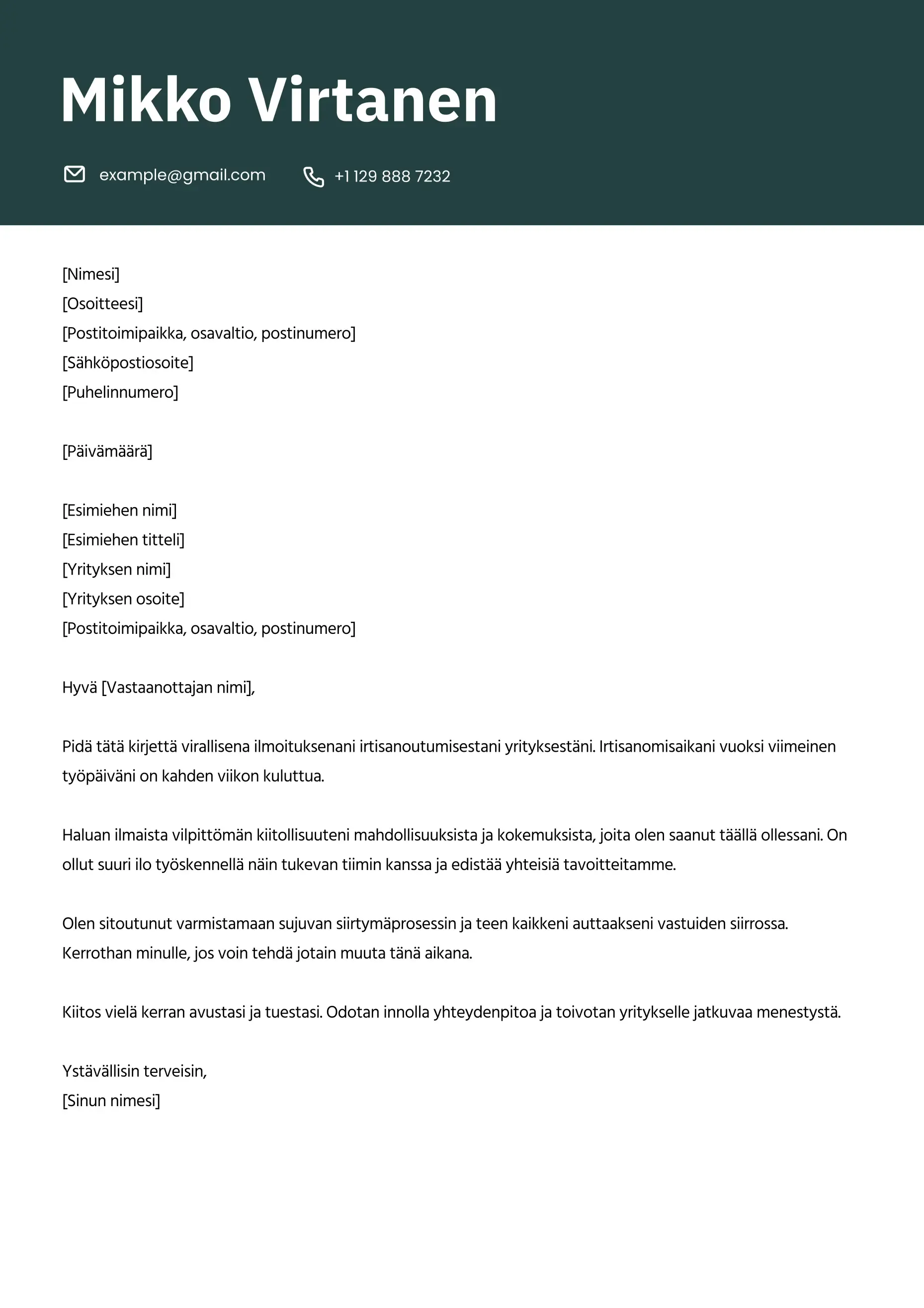 Ammatillinen irtisanoutumiskirje esimerkki