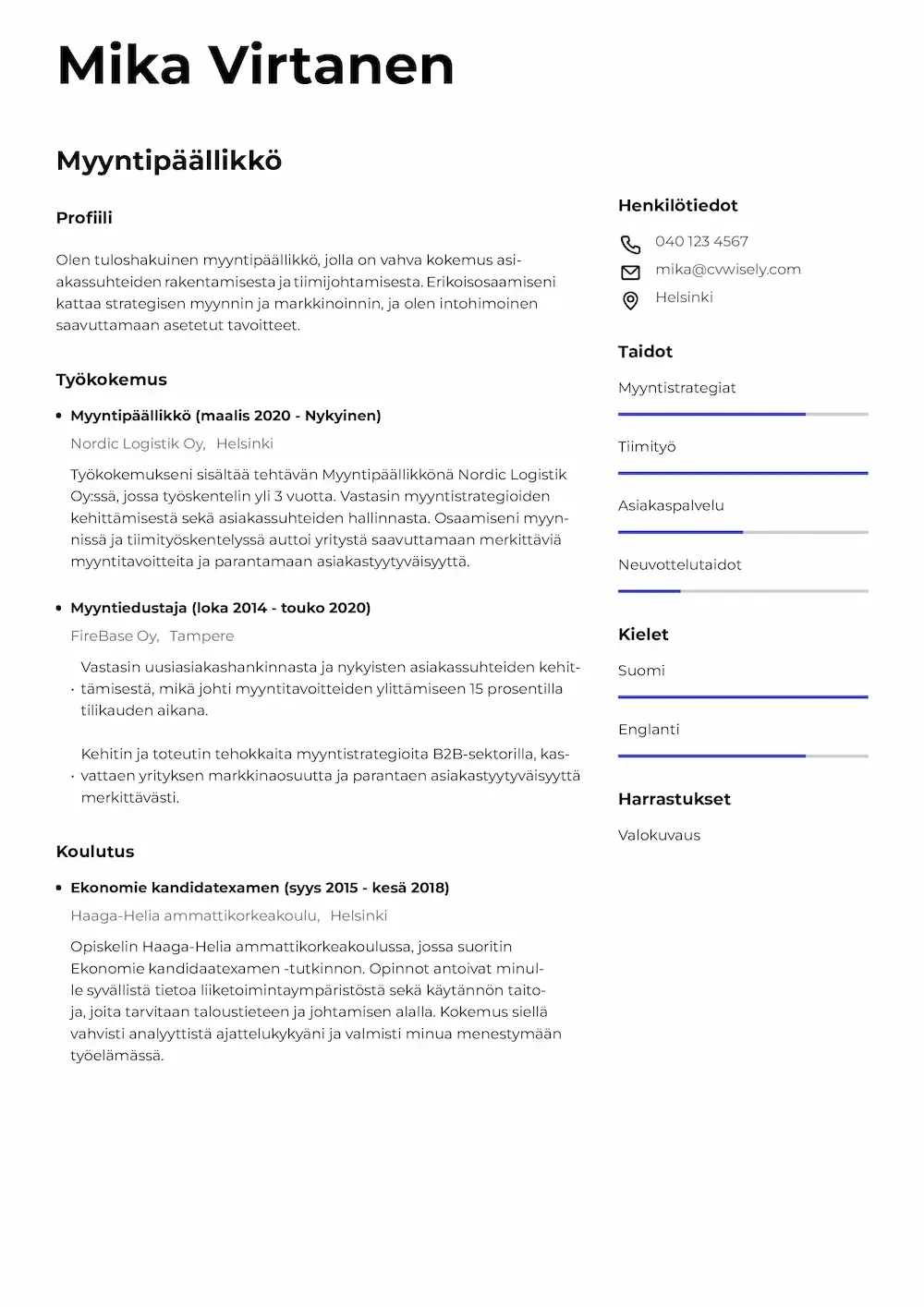 Luova CV-pohja profiiliyhteenvedolla