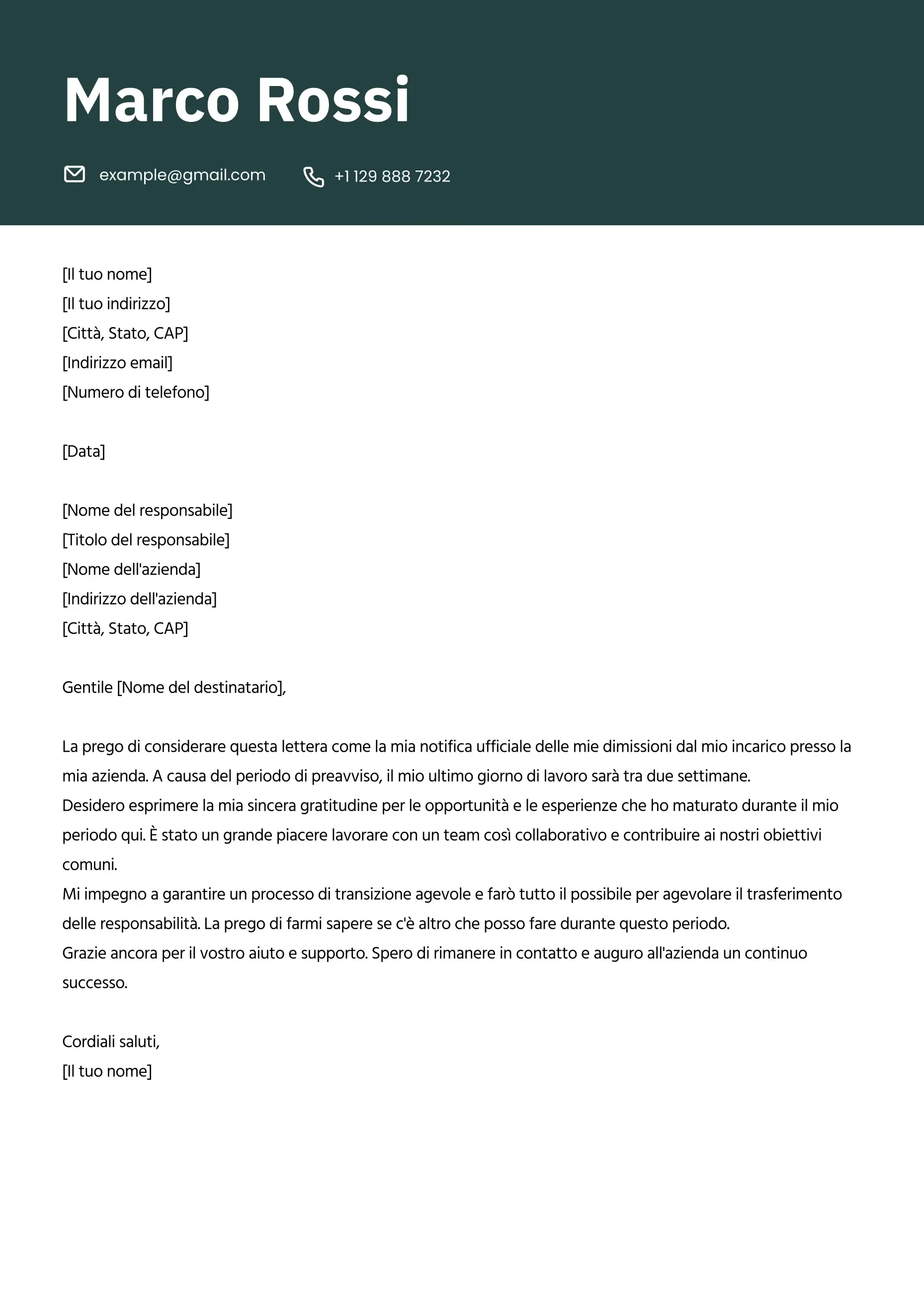 Esempio di lettera di dimissioni professionale