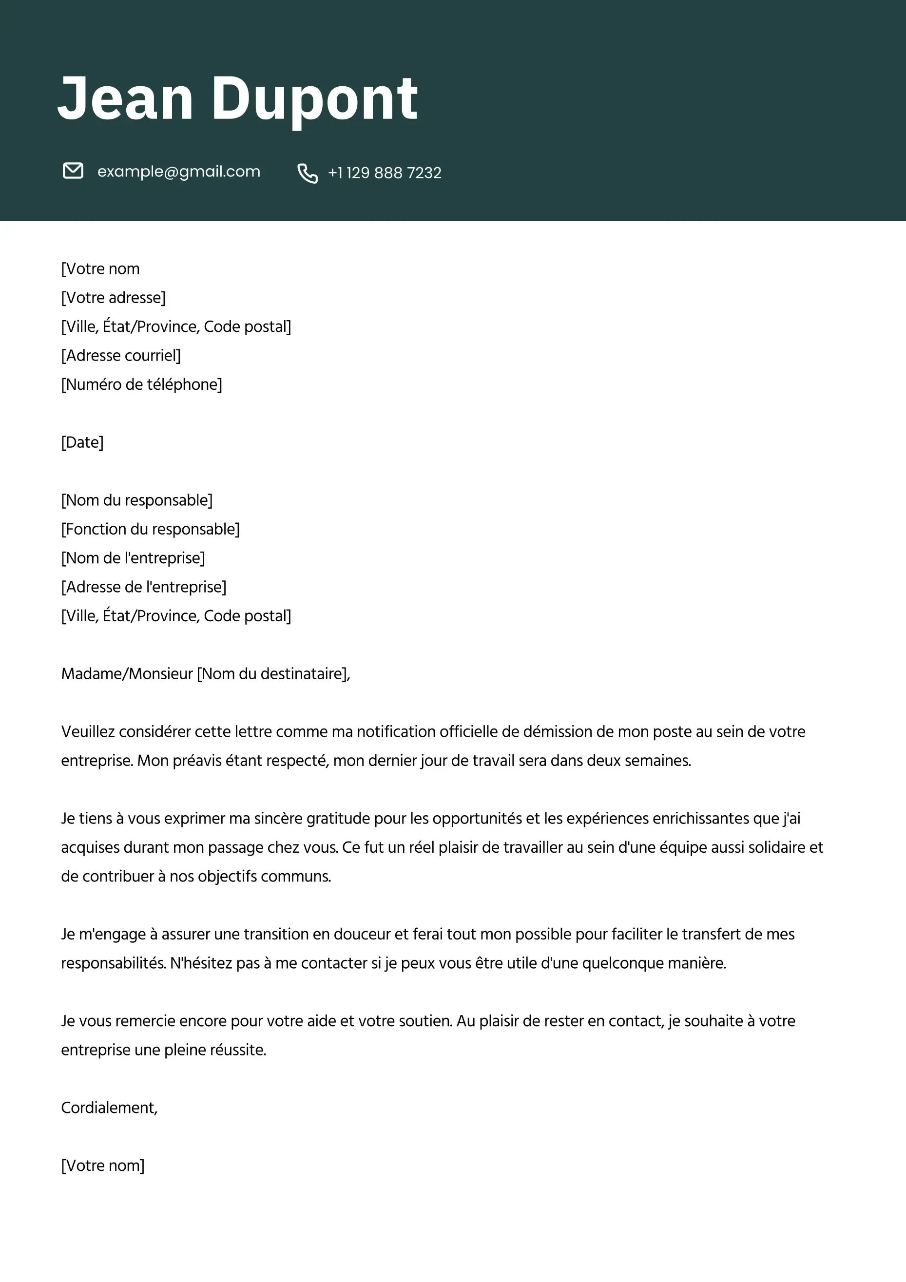 Exemple de lettre de démission professionnelle