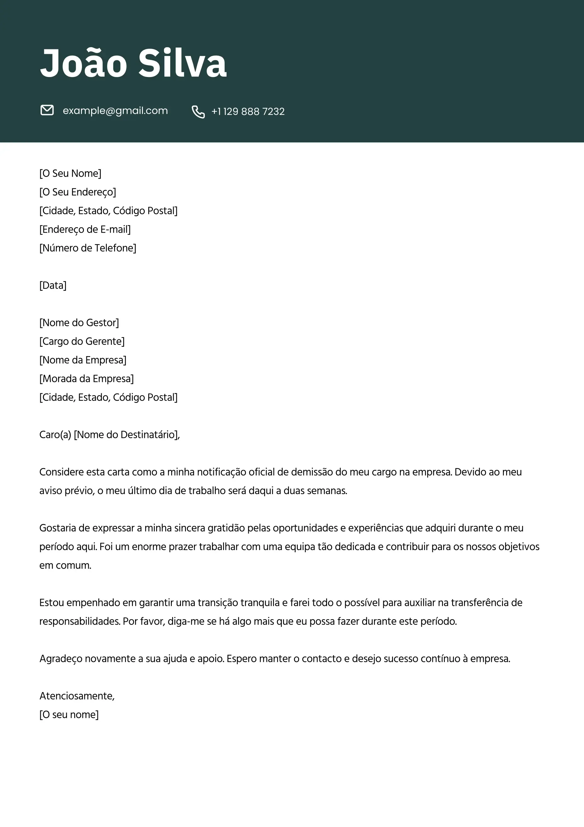 Exemplo de carta de demissão profissional