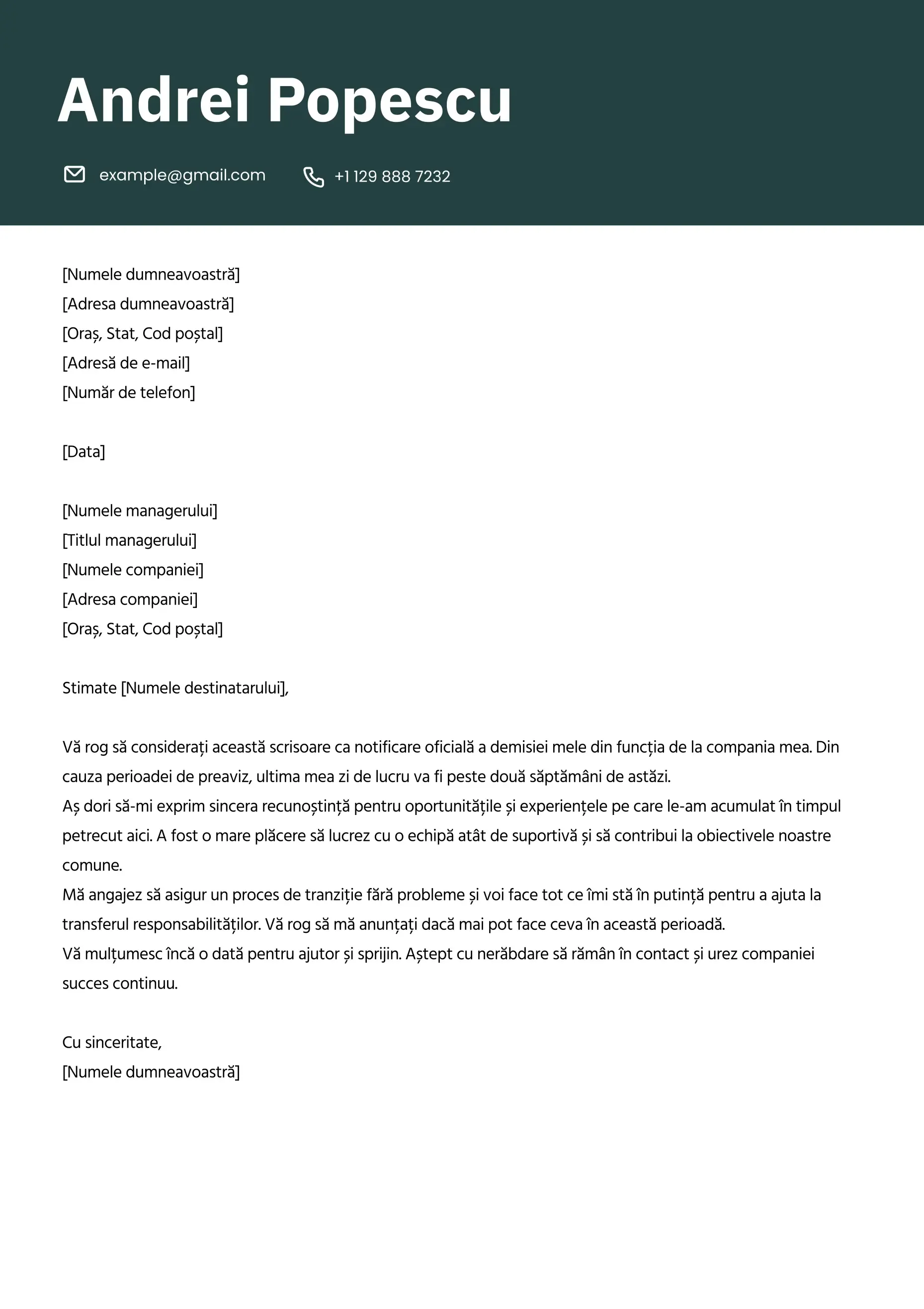 Exemplu de scrisoare de demisie profesională