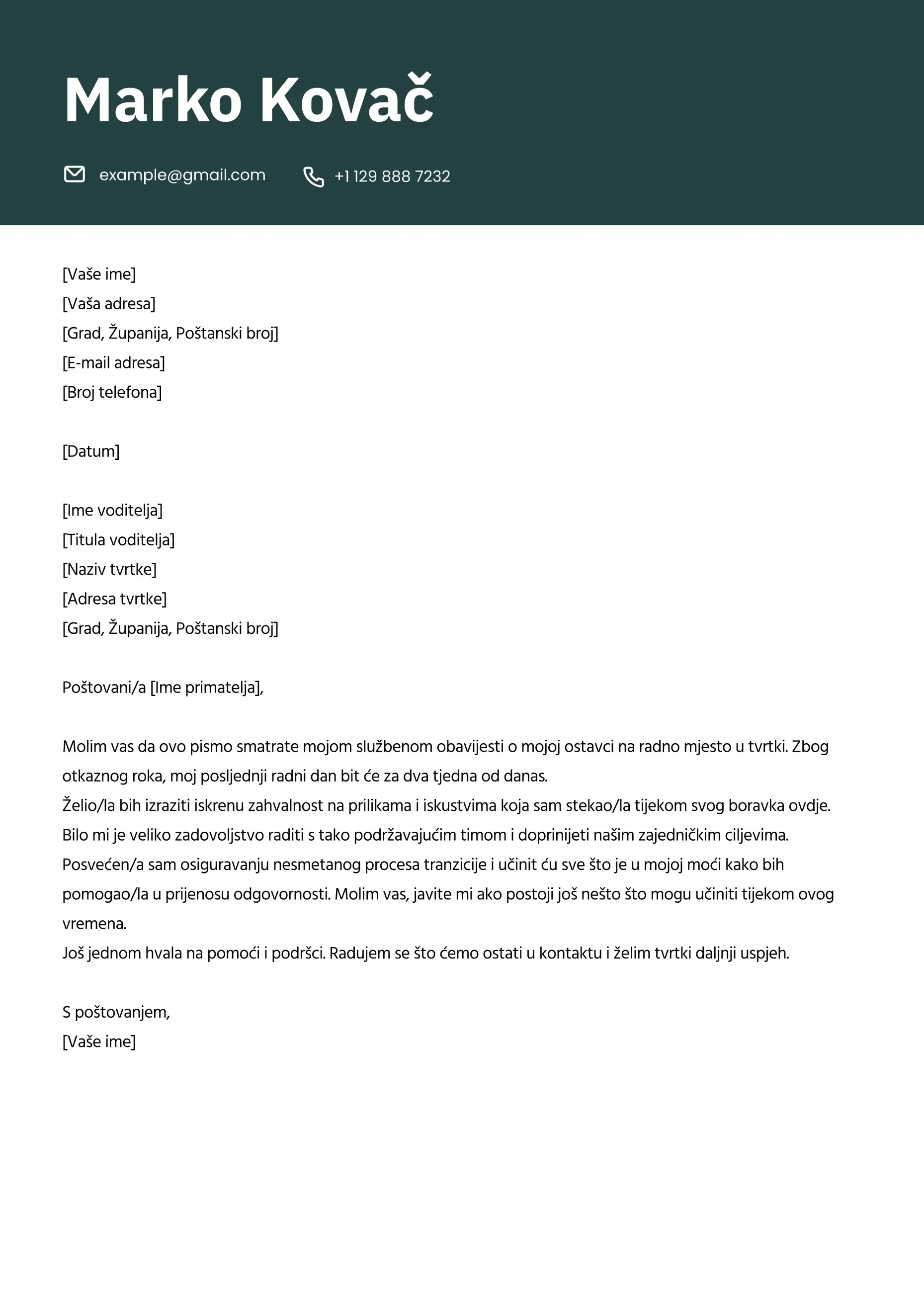 Profesionalni primjer ostavke za napuštanje posla