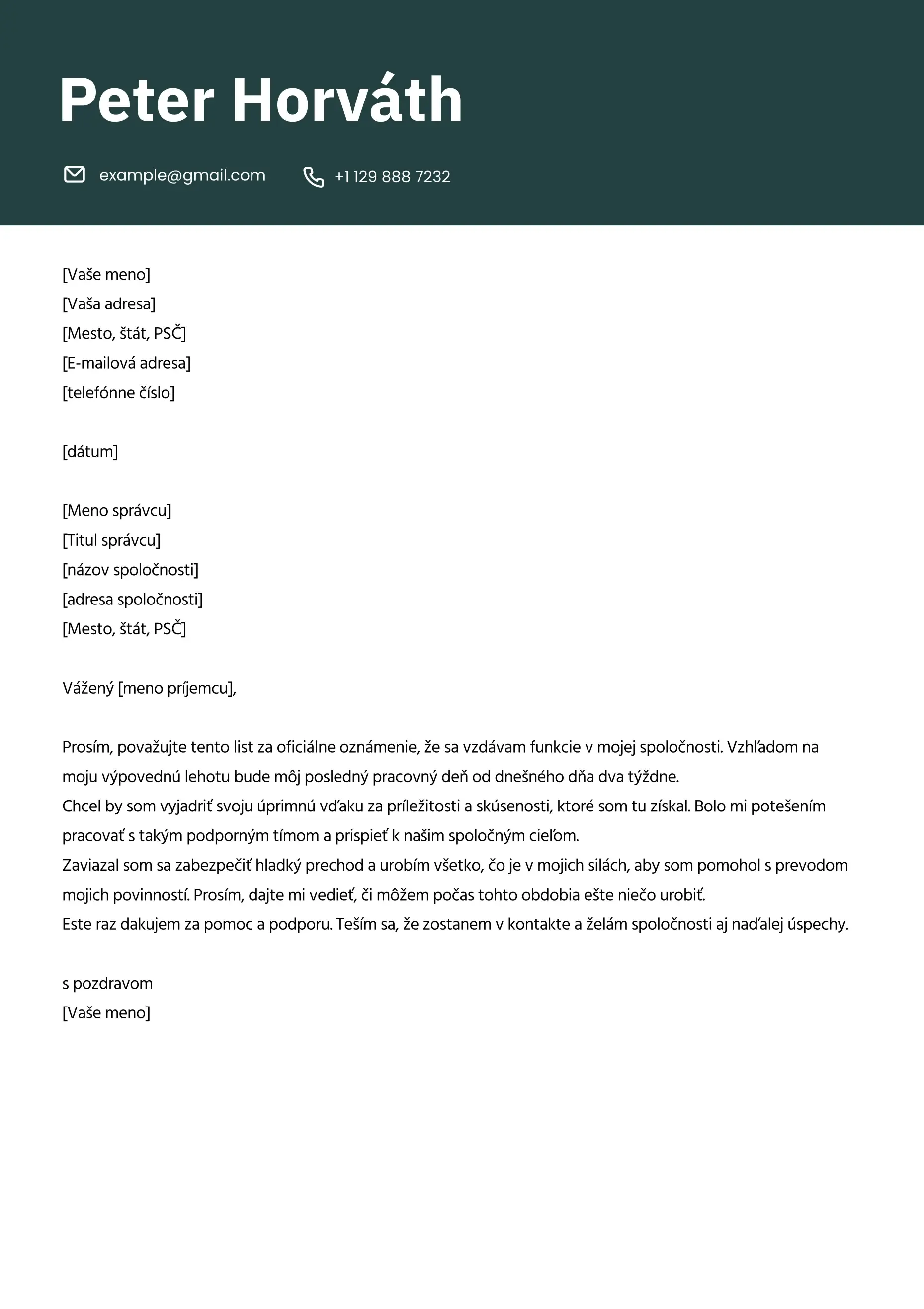 Profesionálny vzor výpovede zo zamestnania