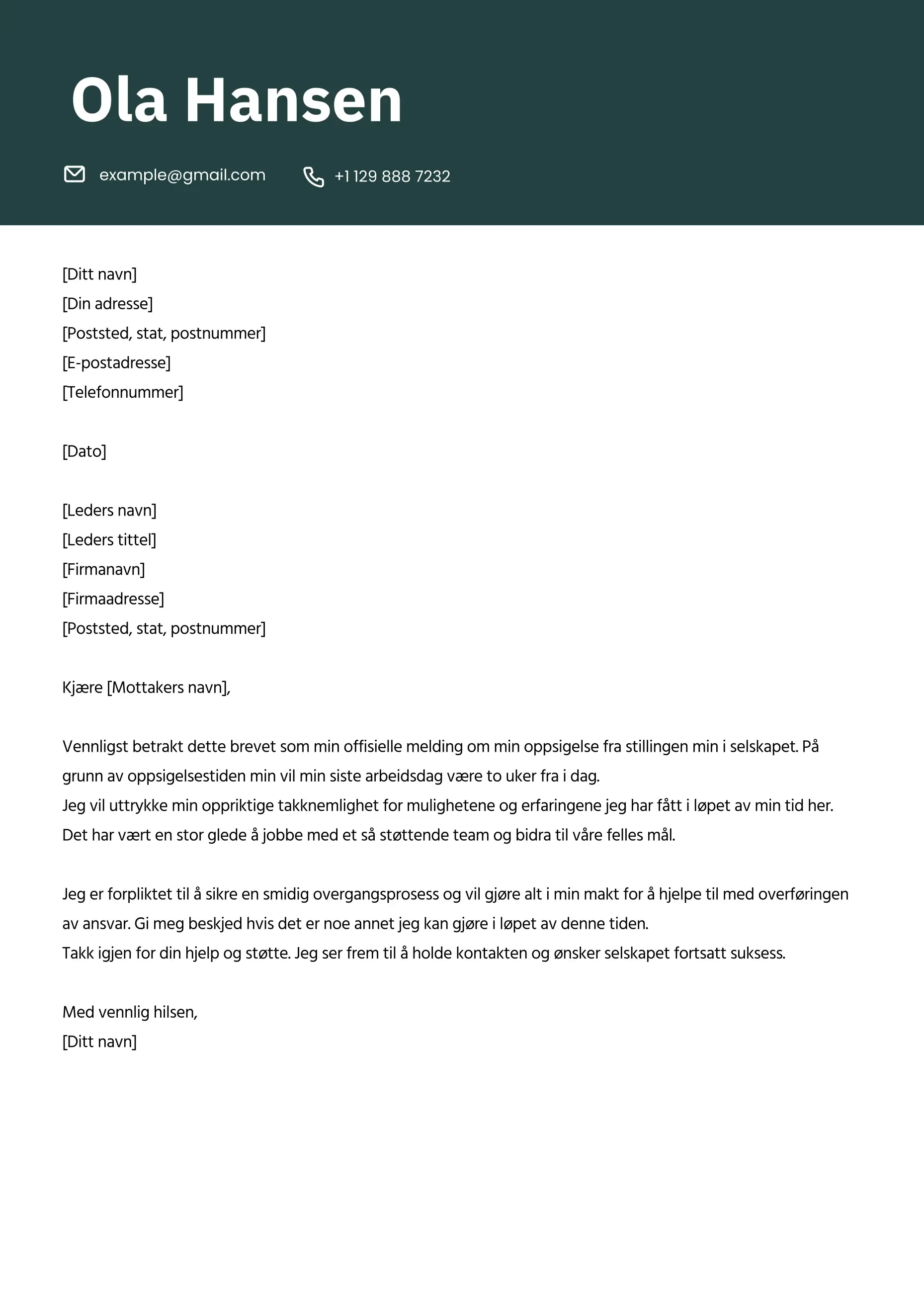 Profesjonelt eksempel på oppsigelsesbrev