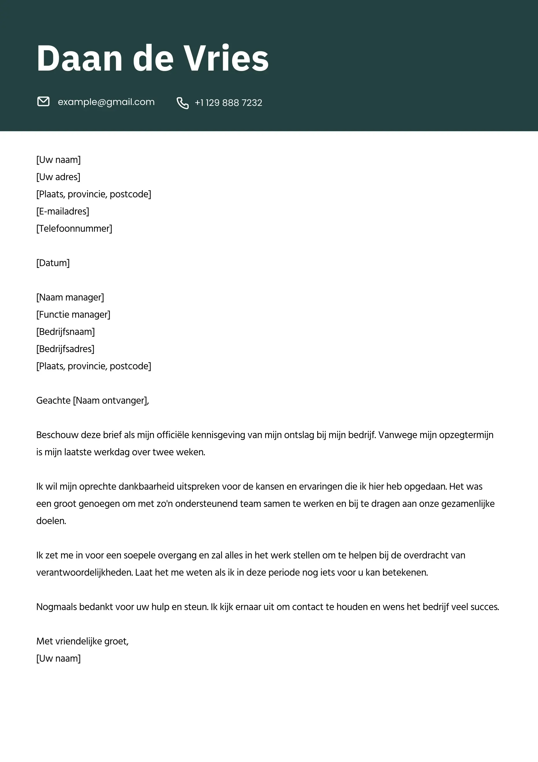 Professioneel voorbeeld van een ontslagbrief