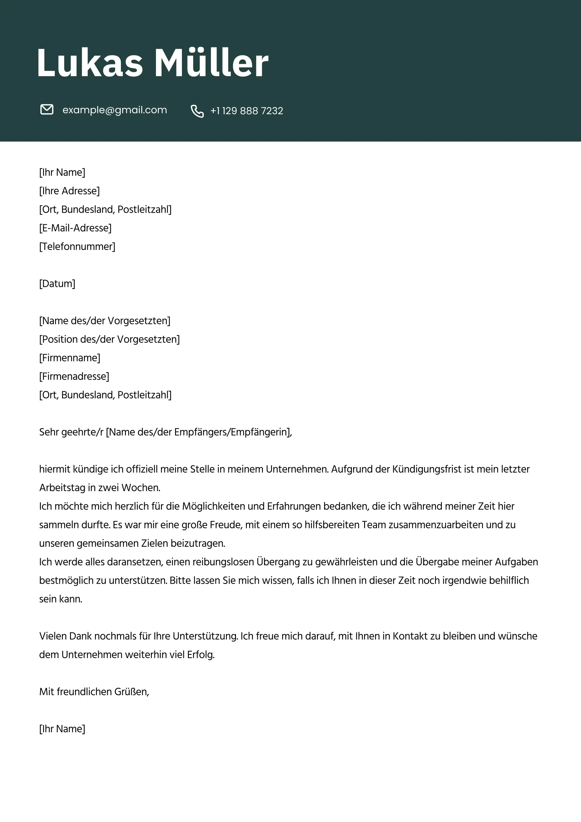 Professionelles Muster für ein Kündigungsschreiben