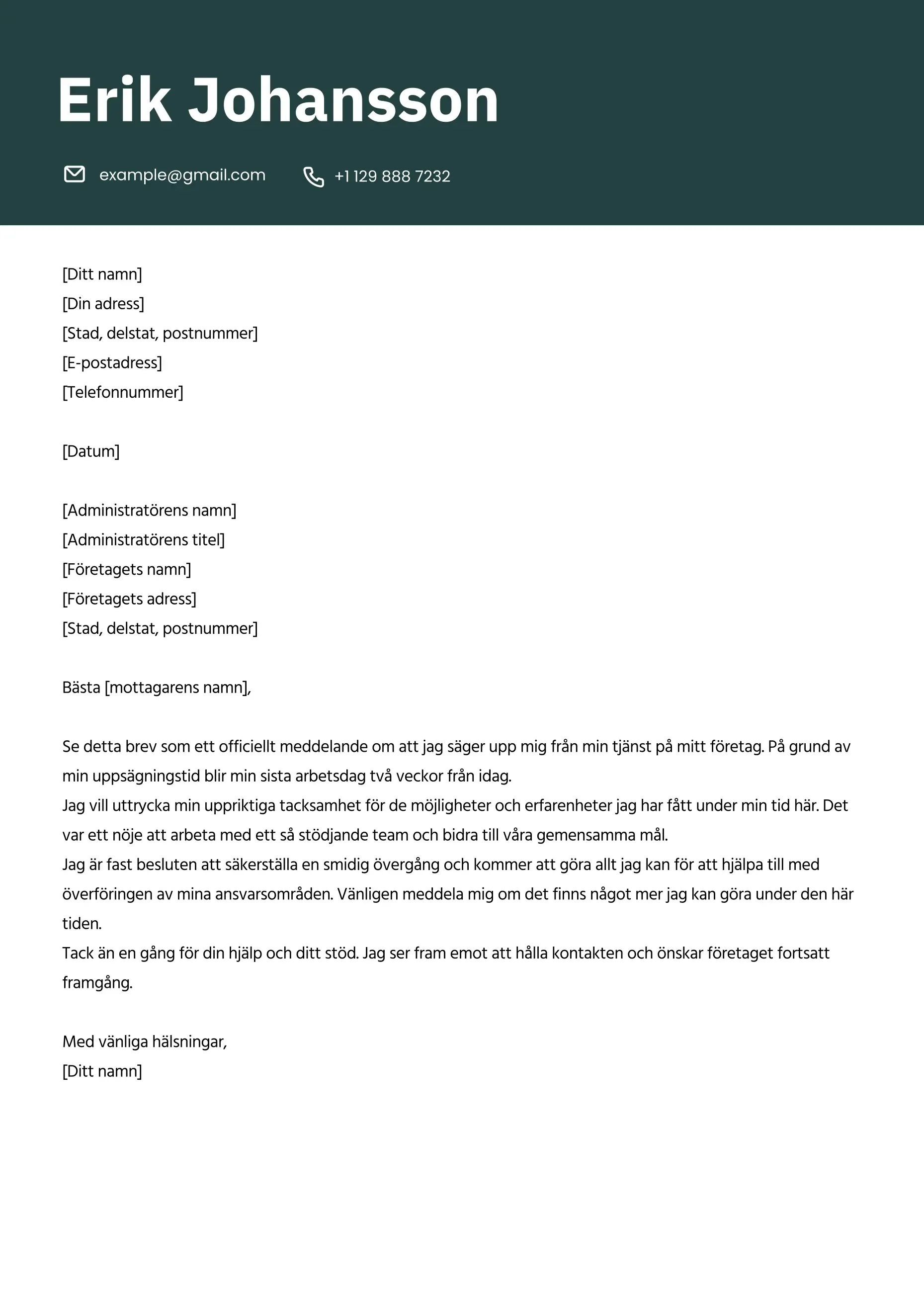 Professionellt exempel på uppsägningsbrev