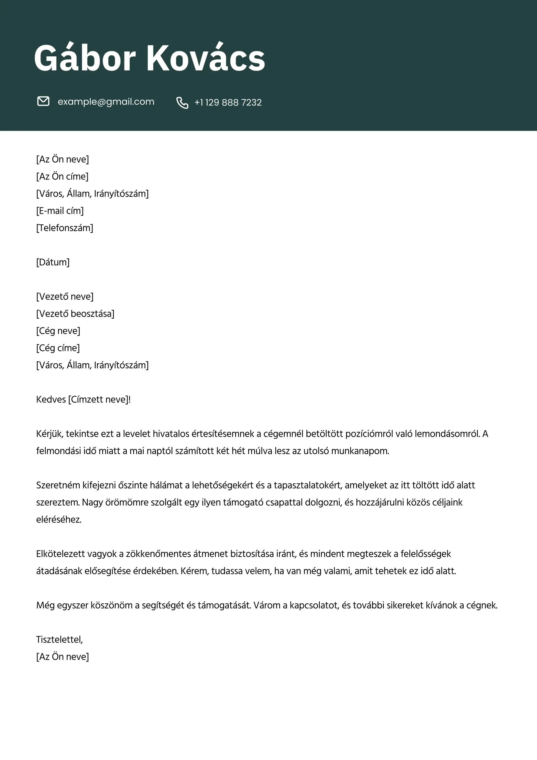 Professzionális felmondólevél minta